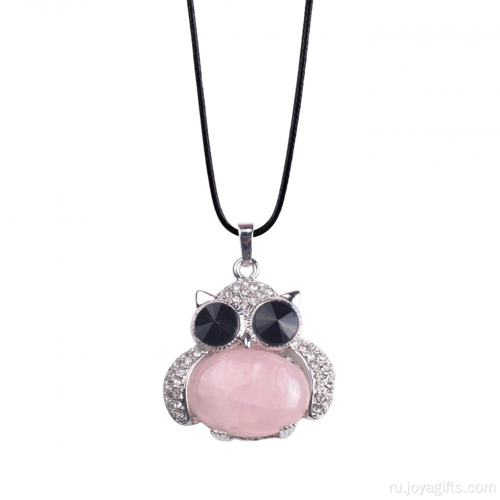 Искренние Серебряные Ювелирные Изделия Розовый Кварц Камень Сова Сплава Ожерелье для Женщин Аксессуары