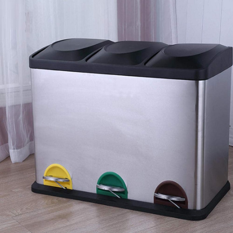 stainless steel 3 compartments pedal bin