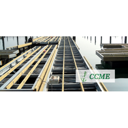 Floating dock with steel frame and wooden deck pontoon platform