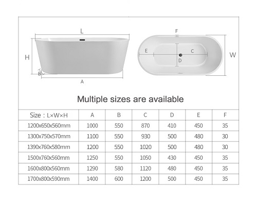 Easily maintaining and repairable Optional sizes acrylic bathtub