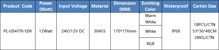 304SS 12Watt 170*176mm underwater spot light