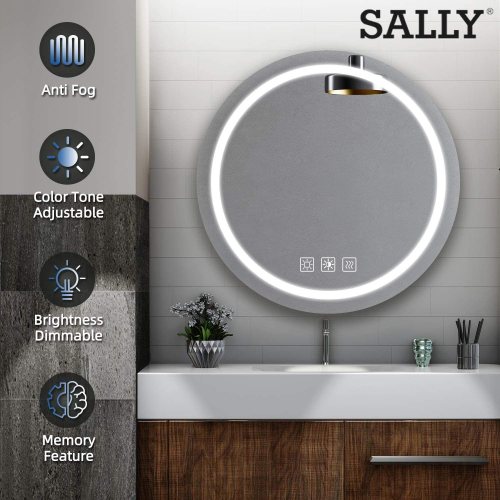 Светодиодные круглые круглые зеркала для макияжа SALLY с регулируемой яркостью и светодиодной подсветкой для ванной комнаты