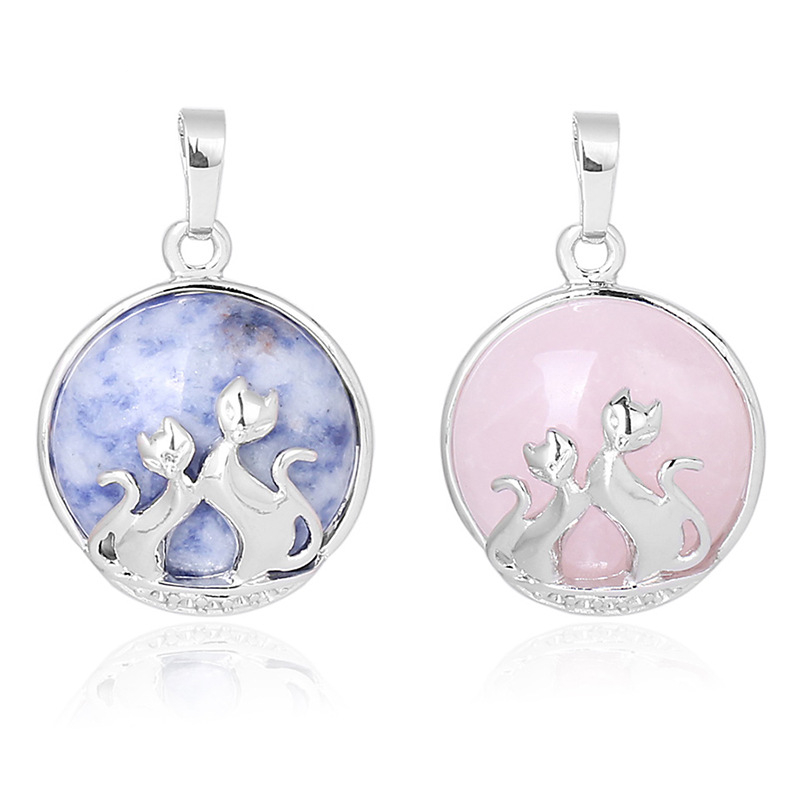 Collier en pierre naturelle Chakra cristaux de guérison chat mignon pendentif rond bijoux pour animaux de compagnie cadeaux pour les femmes