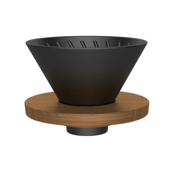 DHPO Ceramic Coffee Dripper with Black Stand and Wooden Pallet