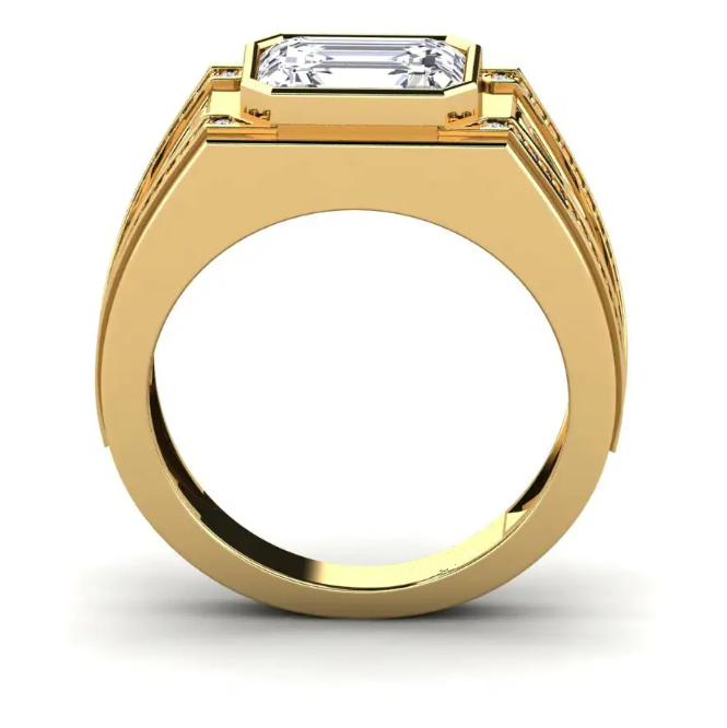 Vista frontal del anillo de sello para hombre con diamantes de laboratorio de talla esmeralda y hombros simétricos con volutas