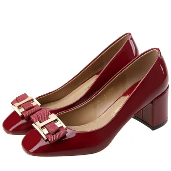 Square Toe Spring and Autumn New Style Bow Metal Buckle Professional Office Shoes Mid Heel Round Toe Thick Heel High Heel Patent