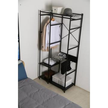 clothes rack with black metal display