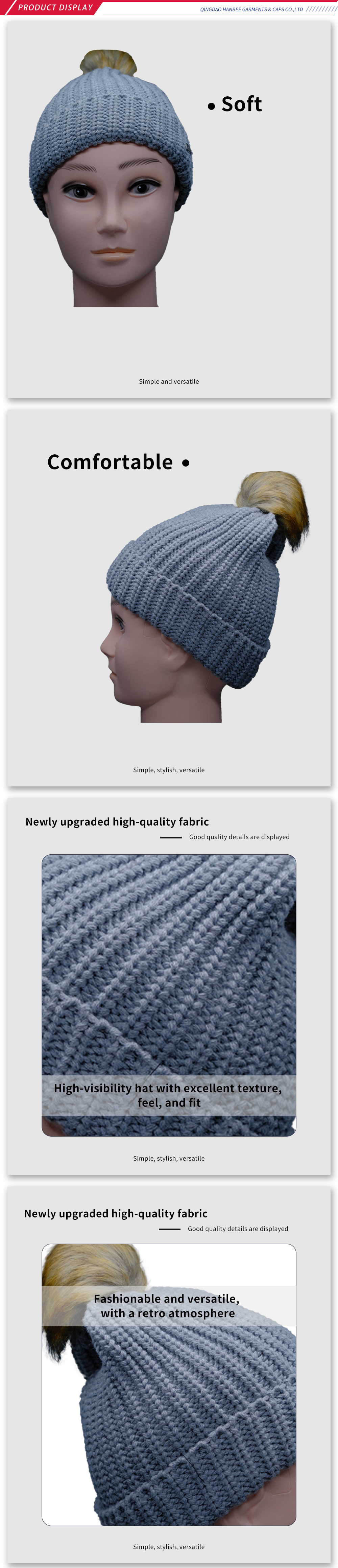 Light Grey Knitted Beanie with Faux Fur Pom Pom