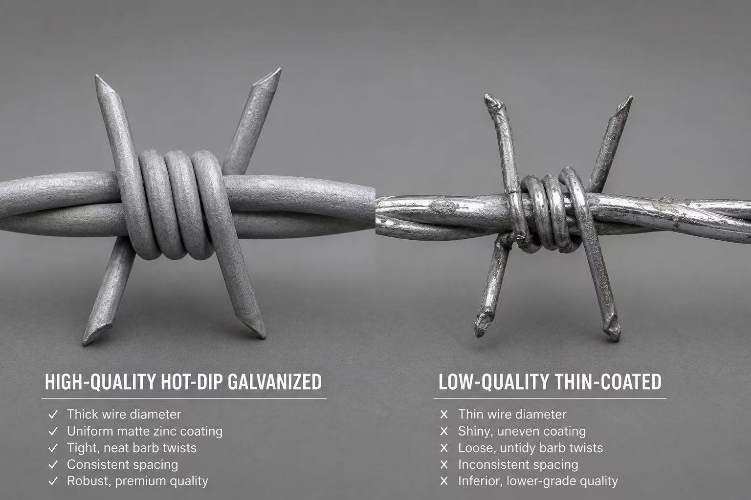 ANJIA Group side-by-side comparison of high quality hot-dip galvanized barbed wire and low quality thin-coated barbed wire