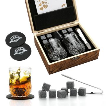 Whiskey Stones and Whiskey Glass Gift Box Set - 8 Granite Chilling Whisky Rocks + 2 Glasses in Wooden Box - Best Gift for Men Fa