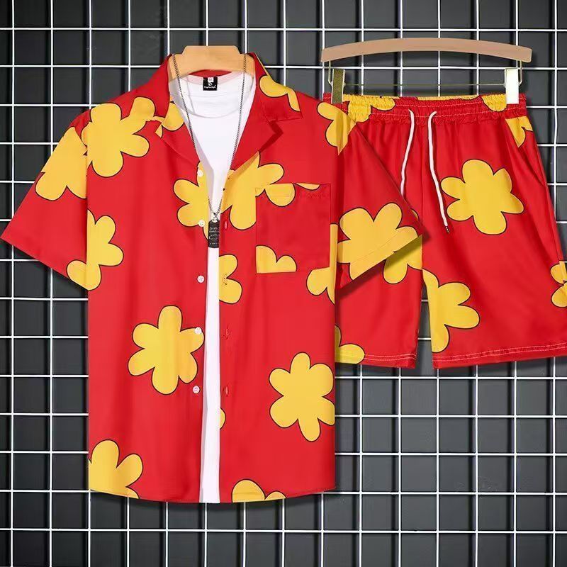Men Red Base Big Floral Print Suit