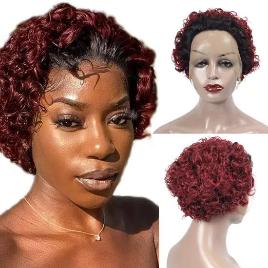 Machine made  pixie short curly bob 99j burgundy raw indian virgin cuticle aligned hair lace front wigs short woman wigs