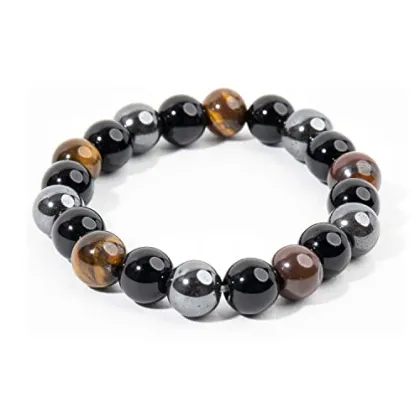 Natural Obsidian Tiger's Eye Healing Bracelet for Stress & Anxiety Relief with Hematite