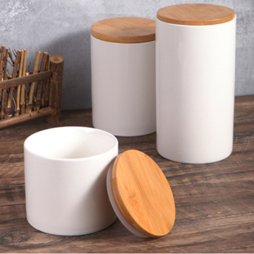 Ceramic Canister with Wood Lid - Candle Jars with Bamboo Lids