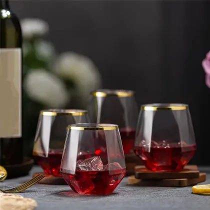 Wholesale Stemless Plastic Whiskey Glasses -Disposable, Shatterproof, Gold Border
