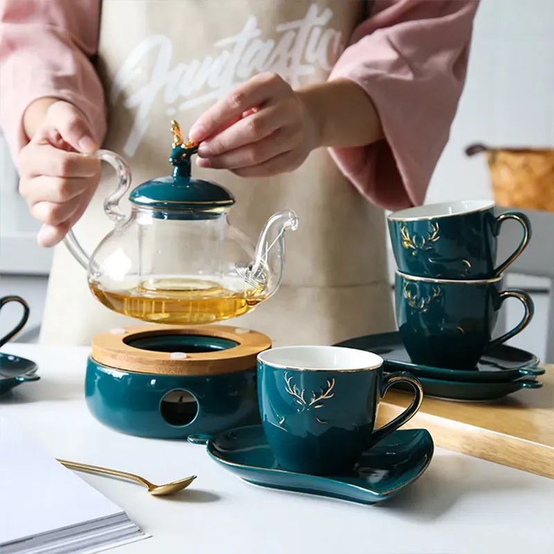 Luxury Nordic Tea Set with Elk Candle and Heated Glass Pot