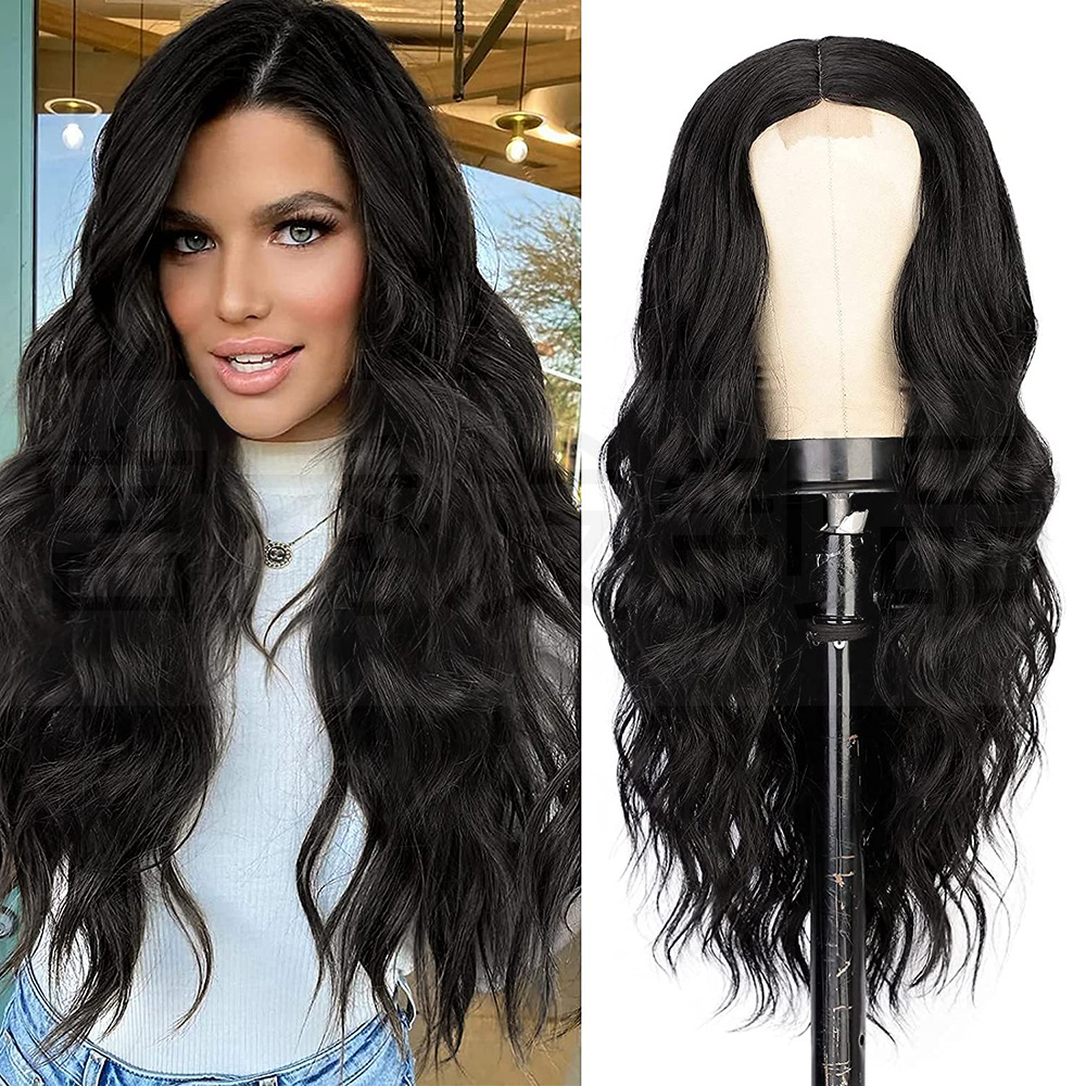 Peruca de renda transparente Wig Natural Black Body Wavy perucas com franja 150 Densidade Lace Sinética Frontal Parte Média Perucas