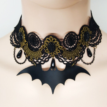 Halloween Retro Gothic Necklace with Bat Pendant and Black Lace