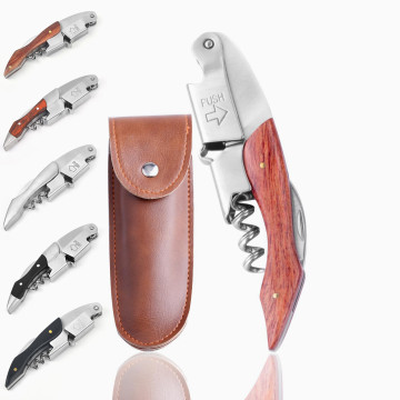 Wooden Stainless Steel Bottle Corkscrew Wine Opener with Leather Bag