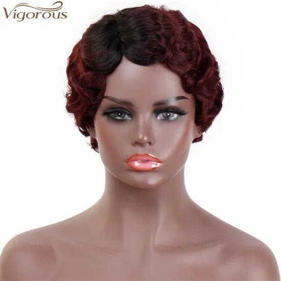 Vigorous Good Quality Ombre Red Short Finger Wave Wig Wig Part Side Synthetic Wigs Wholesale Price Heat Resistant