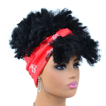 Wholesale Black Kinky Cruly With Colorful Scarf And Bangs Short Heat Resistant Afro Synthetic Hair Headband Wigs For women