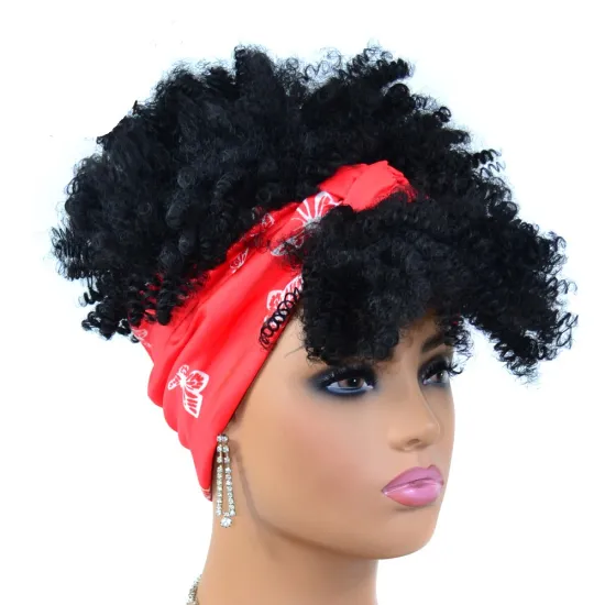 Wholesale Black Kinky Cruly With Colorful Scarf And Bangs Short Heat Resistant Afro Synthetic Hair Headband Wigs For women