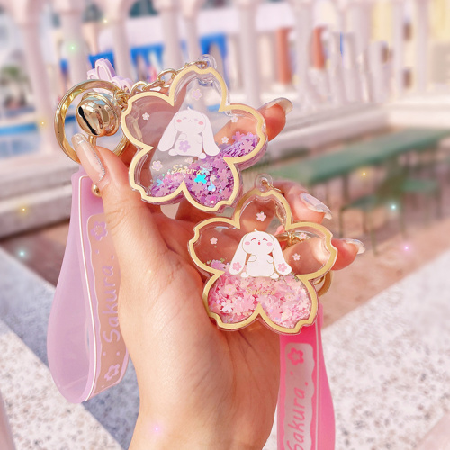 Cherry Blossoms Rabbit Liquid Keychain Glitter Flottant