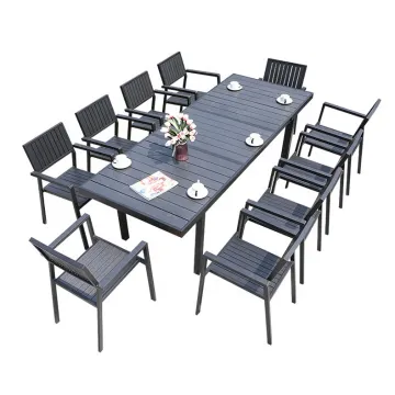 Mojia Stretch Outdoor Furniture: Durable & Easy-Clean Plastic Wood Dinner Table Set