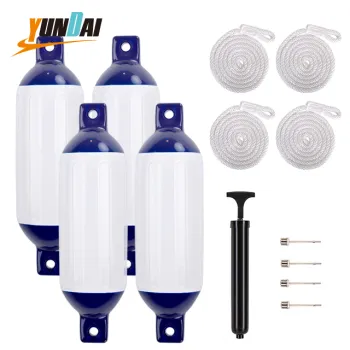 White/Blue Ribbed Boat Fender 4 Pack, 5.5x20'' 850g PVC Floating Inflatable Yacht Buoy