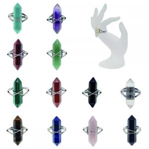 New Fashion Natural Stone Hexagonal Prism Beads Wrapped Silver Wire Chakra Charms Crystal Rings