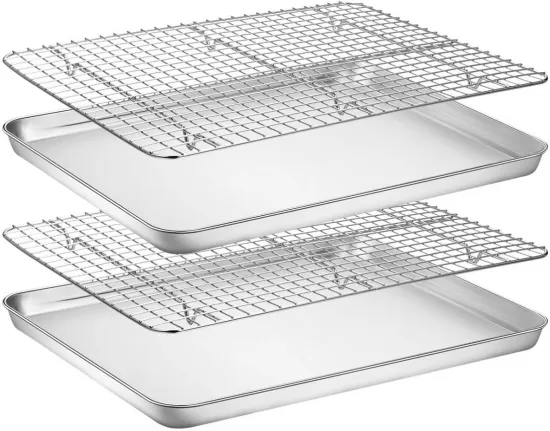 2 Stainless Steel Pans and Racks for Baking Pizza, Cookies, and Cakes