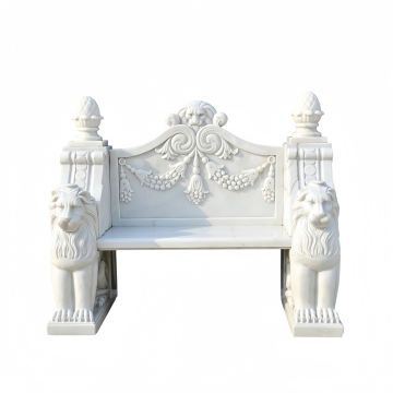 Elegant White Marble Garden Bench with Lion Statues