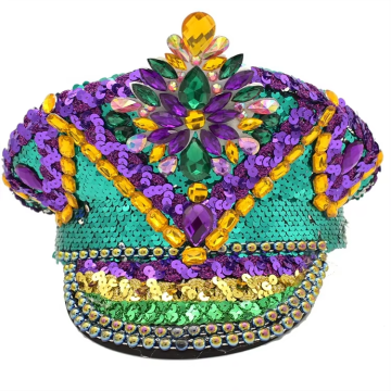 HLC Deluxe Sequin Studded Hat Kapten Rhinestone untuk Mardi Gras dan Festival