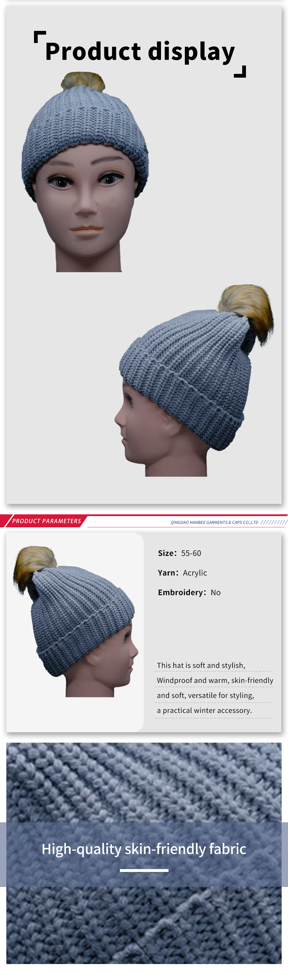 Light Grey Knitted Beanie with Faux Fur Pom Pom
