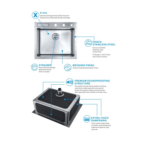 25 polegadas de aço inoxidável SUS304 Pia de cozinha TopMount