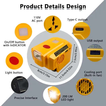Portable 18V Li-ion Battery Charger and 200W Inverter for Dewalt Products