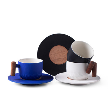 Japanese Handcrafted Klein Blue Ceramic Coffee Mug with Wooden Handle and High-End Carved Logo
