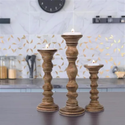 Farmhouse Wooden Candle Holders Pillar Mango Wood Candle Stand