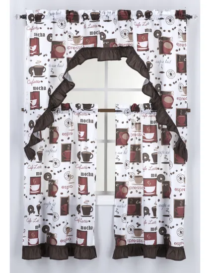 Coffee Print Microfiber Kitchen Curtain Set, 54"x36