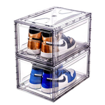 Magnet Plastic Clear Shoe Box with Drop Front for Storage and Display