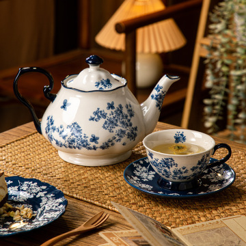 Elegant Blue-and-White Porcelain Coffee Cup Set with Latte Art Design for Afternoon Tea