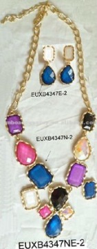 fashion metal resin and acrylic rhinestones necklace with earring jewelry set