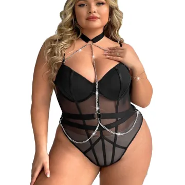 2024 Black Lacy 4XL Plus Size Lingerie Bodysuits with Chains - ODM OEM Private Label Import China Women's Fashion