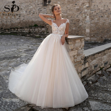 SoDigne Lace Wedding Dresses 2020 V Neck Capped Sleeves Appliques Bridal Gowns A Line Princess Wedding Gown Robe De Mariee