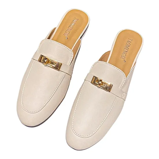 2024 Summer Women's Beach Shoes: Large Size 43, Round-Toe, Closed-Toe Slippers with Metal Buckle in Flat Style
