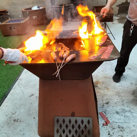 Corten Steel Wood Burning BBQ Grill with Metal Grid for Outdoor Garden