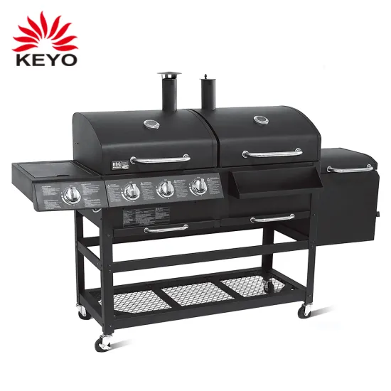 Large 3-Burner Charcoal-Gas Hybrid Smoker Grill for Outdoor BBQ