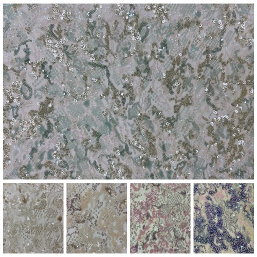 Tissu de broderie de paillettes de perles multicolores anormales
