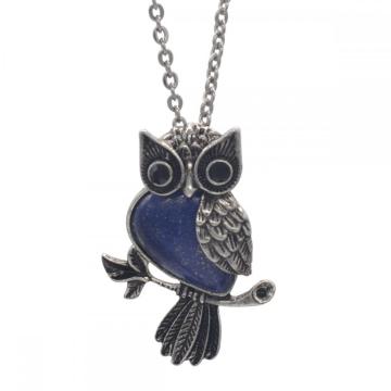 Natural Lapis Lazuli Alloy Owl Gemstone Pendant fow Women Jewelry Necklace