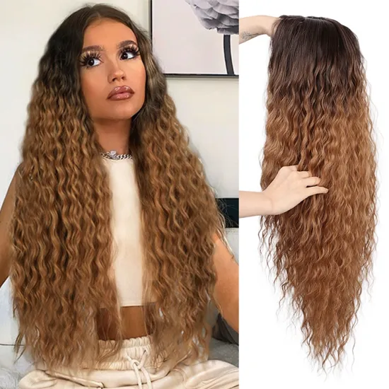 Vigorous Hot Sale Cheap Nature Lace Front Ombre Brown Long Fiber Wig Kinky Curly Wavy Synthetic Hair Wigs For Black Women